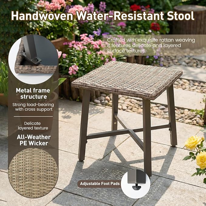 Rattan Side Table for Outdoor, Small Patio Table & Balcony End Table with Handwoven Wicker Design, Compact Square Accent Table for Porch Garden Deck