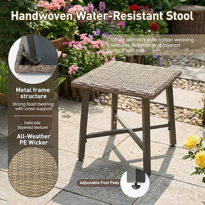 Rattan Side Table for Outdoor, Small Patio Table & Balcony End Table with Handwoven Wicker Design, Compact Square Accent Table for Porch Garden Deck