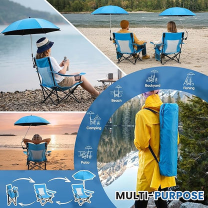 HaSteeL Low Beach Chair Set of 2, Foldable Blue Camping Chair with Adjustable Umbrella Set for Adults, Lightweight Portable Lawn Chairs for Fishing, Picnic, Outdoor BBQ, Travel, Sports