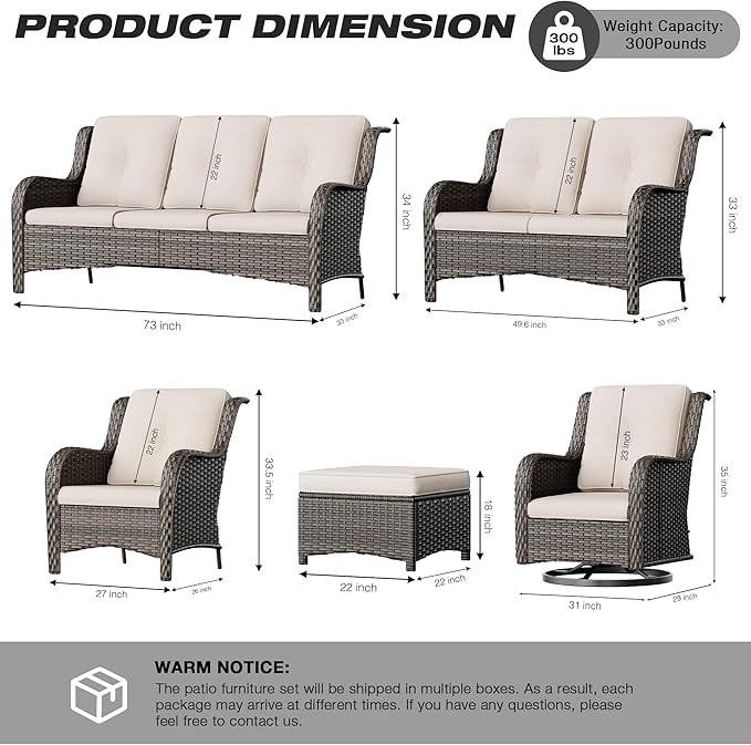 Joyside 5 Piece Outdoor Patio Furniture Set Wicker Conversation Bistro Set Swivel Rocking Chairs with Side Table and Ottomans for Backyard, Porch, Deck(Mixed Grey/Beige)