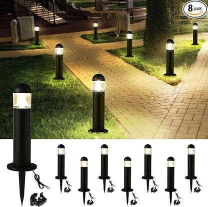 8 Pack Low Voltage Landscape Pathway Lights Wired, Outdoor Modern 12V LED Bollard Lights for Driveway Garden Walkway Yard Lawn (Included Connectors), 2700K Warm White Waterproof, Black