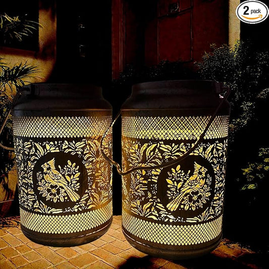 Solar Lantern with Hollow Metal Design, Garden Hanging Light, Copper Color for Outdoor Yard,Patio,Garden Decor (2)