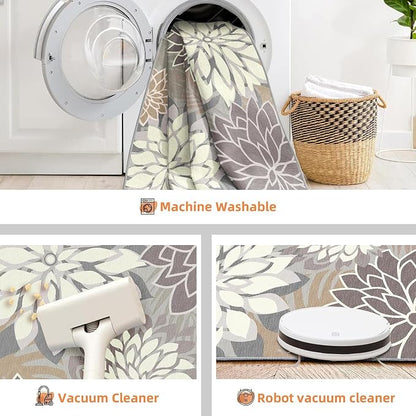 4x6 Washable Rug for Living Room Tropical Botanical Modern Floral Chenille Area Rugs Low Pile Non Slip Carpet for Patio, Bedroom, Laundry, Taupe