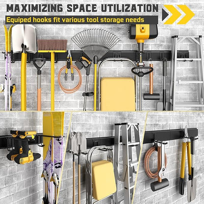 96" Garage Tool Organizer Wall Mount, 1250lbs Heavy Duty Garden Tool Storage Rack with 15 Adjustable Hooks for Yard, Shed, Garage (6 Racks, 15 Hooks, 2 Straps, Steel)