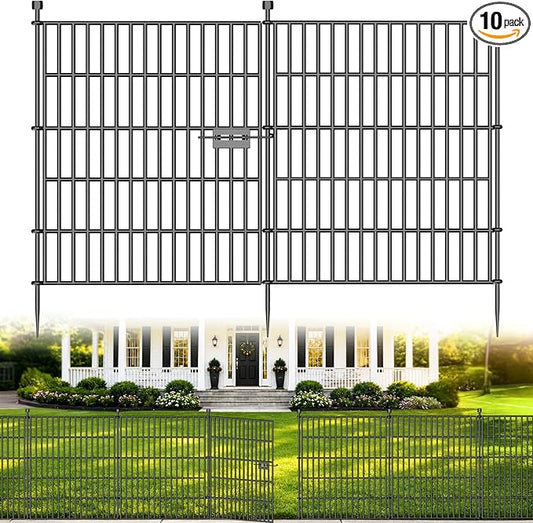 10 Panels No Dig Decorative Outdoor Garden Fence with Gate for Yard, 32 in(H) X 23.6 ft(L) Animal Barrier Fencing Rustproof Metal Wire Panel Border for Dog, Rabbits, and Patio Temporary Ground Stakes