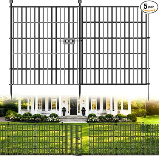 5 Panels No Dig Decorative Outdoor Garden Fence with Gate for Yard, 32 in(H) X 11.8 ft(L) Animal Barrier Fencing Rustproof Metal Wire Panel Border for Dog, Rabbits, and Patio Temporary Ground Stakes