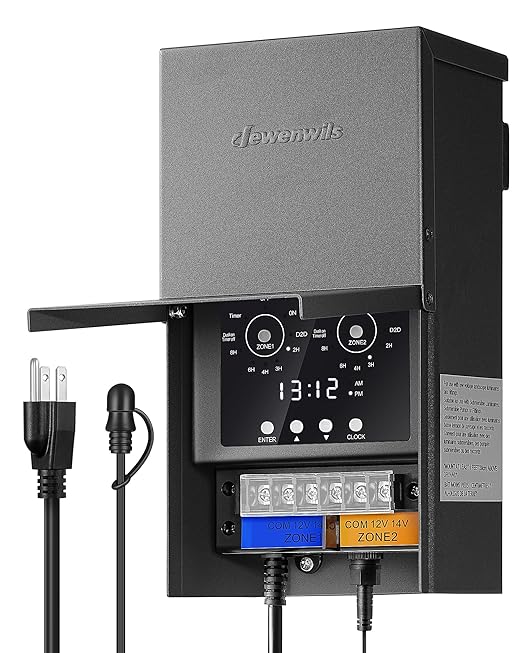 DEWENWILS Low Voltage Landscape Transformer, Low Voltage Transformer with Photocell Sensor & Timer, 120VAC to 12/14VAC, 200W Multi Zone Landscape Lighting Transformer for Outdoor Garden