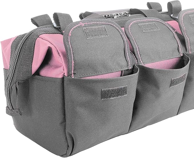 Women Heavy Duty Tool Bag Storage Organizer for Tools,16 x 7.5 x 10.5 inches,50 Pound Capacity, 600D Polyester Fabric (Pink)