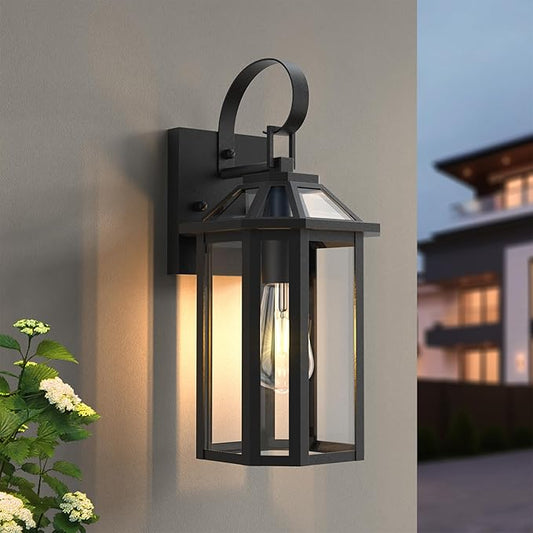 Outdoor Wall Lights, 15.56 Inch Large Waterproof Outside Wall Lantern Sconce, Clear Glass Exterior Lamp for House, Porch, Garage, 1-Light, (E26 Bulb Base, Black)