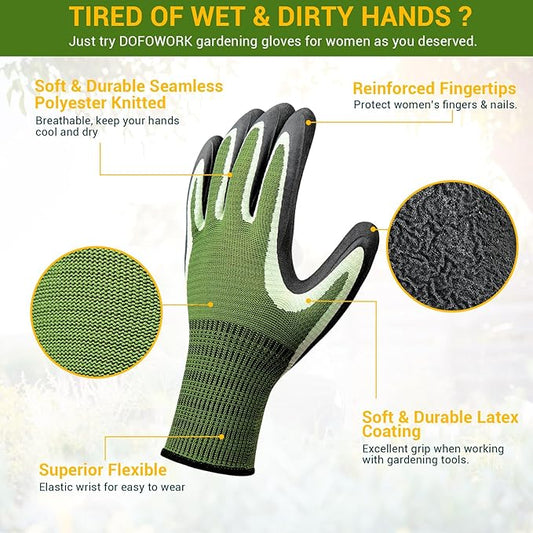DOFOWORK Gardening Gloves - 6 Pair Gardening Gloves for Women/Men, Breathable Natural Latex Garden Gloves with Grip