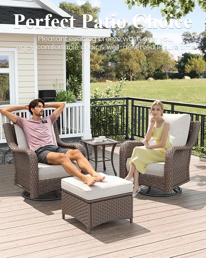 LayinSun 6 Piece Wicker Outdoor Furniture Set with 6-inch Comfy Cushions, High Back Patio Furniture Set with Swivel Rocking Chairs and Side Table