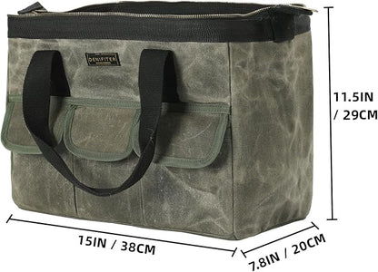 15 Inch Tool Bag, Heavy Duty Waxed Canvas Wide Mouth Water-Resistant Tool Pouch, Garden Tool Tote with 15 Pockets | ArmyGreen