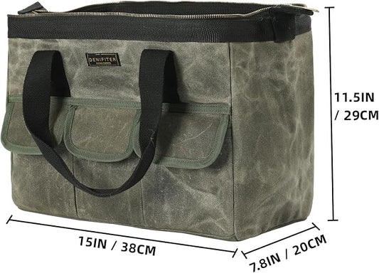 15 Inch Tool Bag, Heavy Duty Waxed Canvas Wide Mouth Water-Resistant Tool Pouch, Garden Tool Tote with 15 Pockets | ArmyGreen
