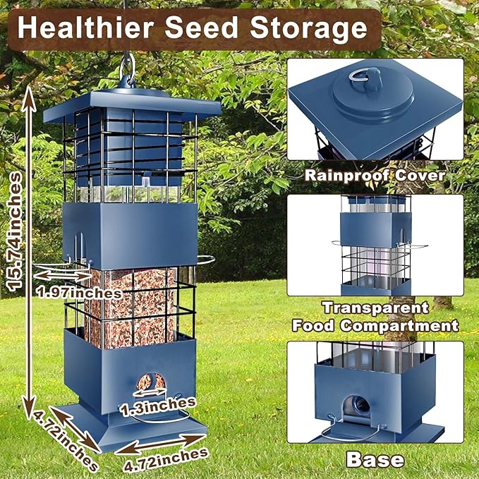 Bird Feeder Squirrel Proof, Metal Anti-Squirrel for Outdoors Hanging, 3LBS Wild Birdseed Feeders for Cardinal Blue Jay Outside (Blue)