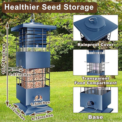 Bird Feeder Squirrel Proof, Metal Anti-Squirrel for Outdoors Hanging, 3LBS Wild Birdseed Feeders for Cardinal Blue Jay Outside (Blue)
