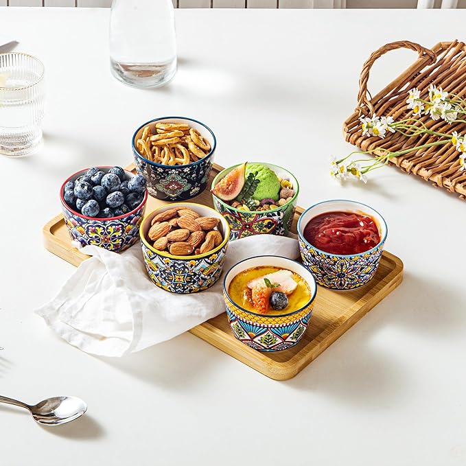 4 oz Ceramic Ramekins Set of 6, Dessert Cups & Dipping Bowls | Colorful Bohemian Pattern, Oven Safe, Ideal for Crème Brûlée, Dips, Sauces & Individual Desserts
