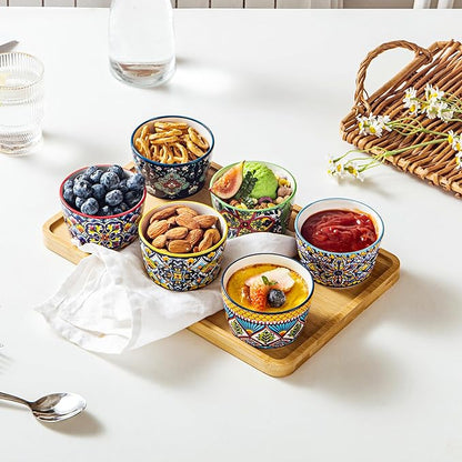4 oz Ceramic Ramekins Set of 6, Dessert Cups & Dipping Bowls | Colorful Bohemian Pattern, Oven Safe, Ideal for Crème Brûlée, Dips, Sauces & Individual Desserts