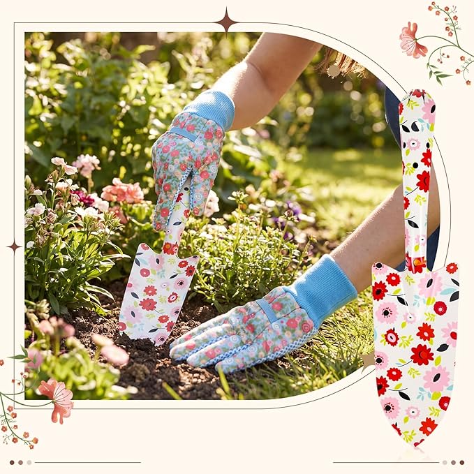 Sliner 12 Sets Floral Garden Shovels and Gloves Bulk Gardening Gift for Women, Heavy Duty Trowels with Mother's Day Cards and Bags for Mom Grandma Birthday Gift