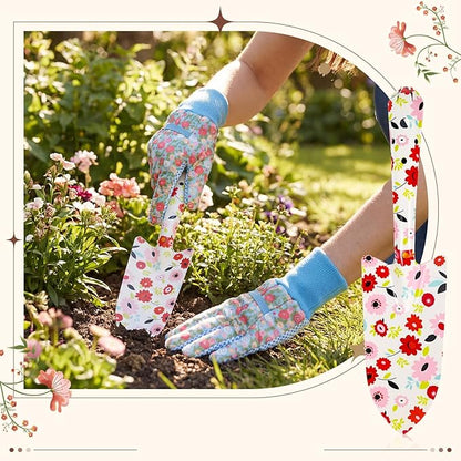 Sliner 12 Sets Floral Garden Shovels and Gloves Bulk Gardening Gift for Women, Heavy Duty Trowels with Mother's Day Cards and Bags for Mom Grandma Birthday Gift