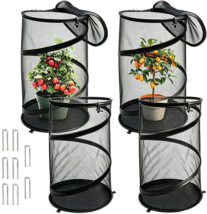 4 Pcs Pop Up Mesh Plant Protectors, 21 x 13 Foldable Garden Cover, Specifically Designed for Outdoor Vegetables, Seedlings & Flowers, Animal Barrier Cloches with Stakes (Black)