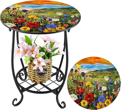 Cinnvoice Outdoor Side Table Round Small Mosaic Patio Accent Indoor End Plant Coffee Tea Table for Yard Patio Porch Garden Living Room, Bedroom(Flower Style,14 Inch)