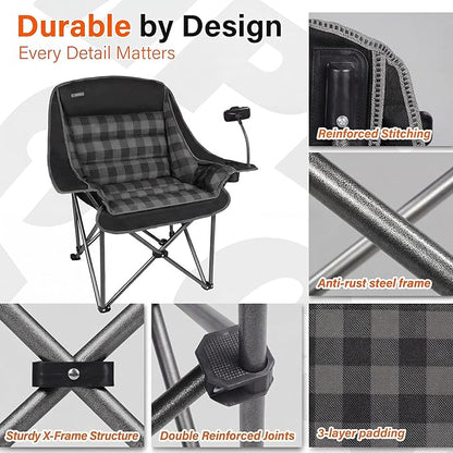 Oversized Camping Chairs for Adults- Heavy Duty Extra Large Lawn Chair,Folding Comfy Padded Camp Chair for Outdoor Sports Garden Beach Fishing,Wide&Thick,Black Plaid
