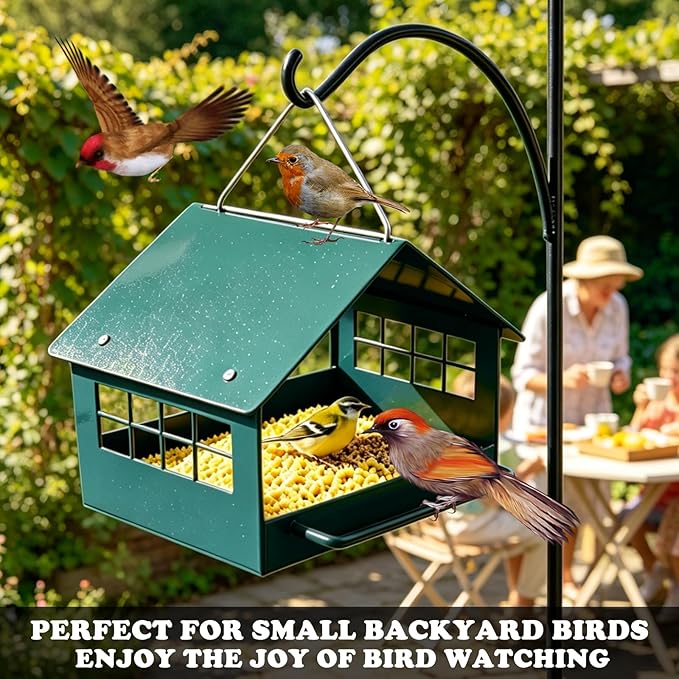 All-Metal Platform Bird Feeder for Outdoors, Dark Green Rustproof Hanging Bird Feeder with Double-Sided Long Perches, Weatherproof Wild Bird Feeder for Small Birds, Compact Garden Decor