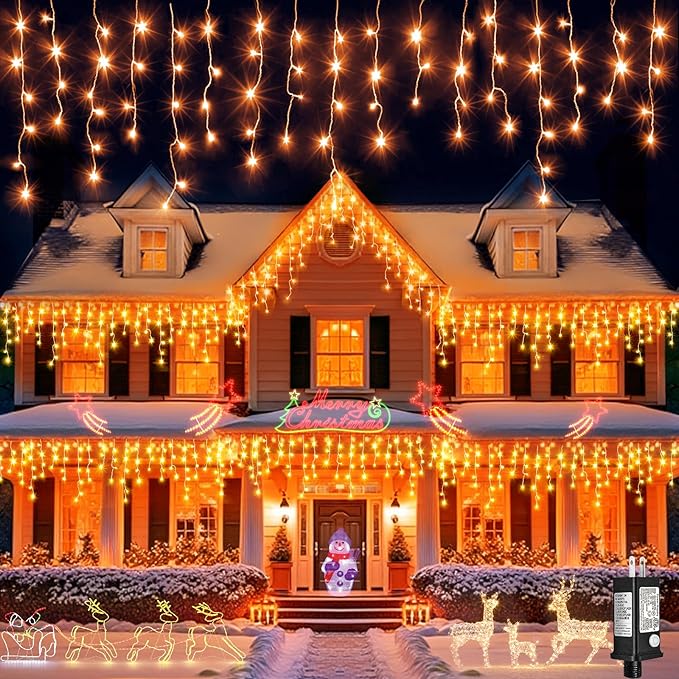640 LED Icicle Lights for outside 66ft Christmas Icicle Lights Outdoor 8 Modes with 120 Drops Waterproof Christmas Light Plug in for Indoor House Party Holiday Thanksgiving Decorations, Orange