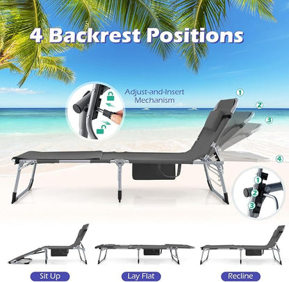 GYMAX Tanning Chair, 330LBS Beach Lounge Chair with Face Arm Hole & Hand Shoulder Strap, Folding Layout Sunbathing Chair, Face Down Outdoor Chaise Lounger for Patio, Poolside, Lawn, Backyard (2, Grey)