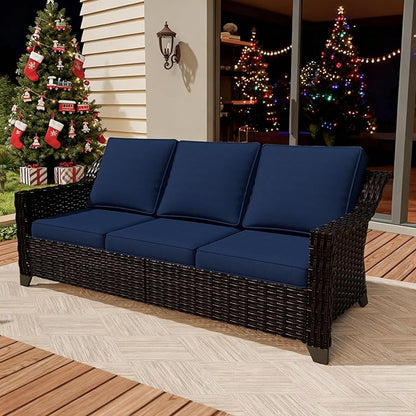 VistaVibe 78" Patio Wicker 3-seat Sofa, Deep Seat & Upholstered Loveseat, Outdoor All-Weather Rattan Couch with Removable Cushions, Steel Frame Couch for Garden, Poolside (Brown/Navy)