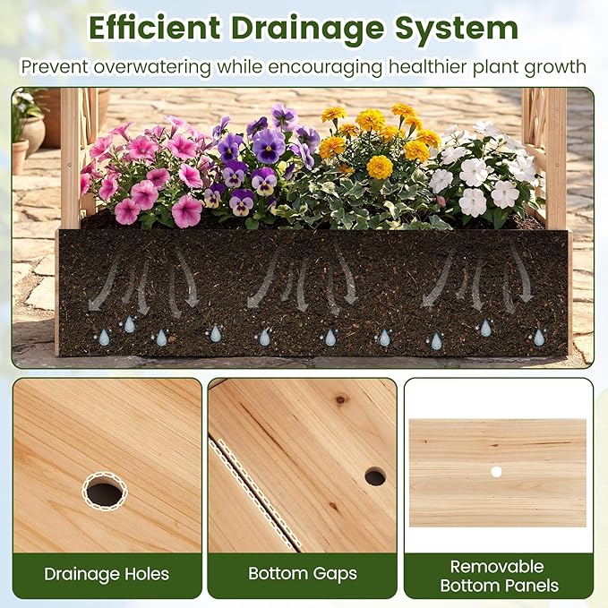 S AFSTAR Raised Garden Bed with Trellis, 2-in-1 Fir Wood Planter Box with Flat Roof & Drainage Holes, Vertical Planter Raised Bed for Climbing Plants, Flowers & Vegetables, 43" x 14" x 89" (Natural)