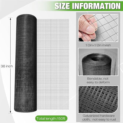 Tatuo Hardware Cloth 1/2 Inch 36in x 150ft Hot Dip Galvanized After Welded Cage Mesh Rolls 21 Gauge Metal Chicken Wire Roll Wire Fencing Poultry Netting for Raised Garden Rodent Animals(Black)