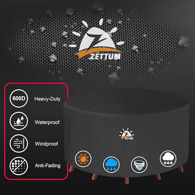 Zettum Round Patio Table Cover 48 Inch - 600D Outdoor Furniture Cover Round Waterproof & Heavy Duty, Lawn Furniture Set Covers for Outside Dining Table and Chairs Seating Combo - 48 x 48 x 28 Inch