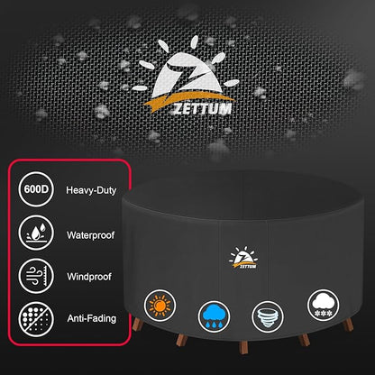 Zettum Round Patio Table Cover 48 Inch - 600D Outdoor Furniture Cover Round Waterproof & Heavy Duty, Lawn Furniture Set Covers for Outside Dining Table and Chairs Seating Combo - 48 x 48 x 28 Inch