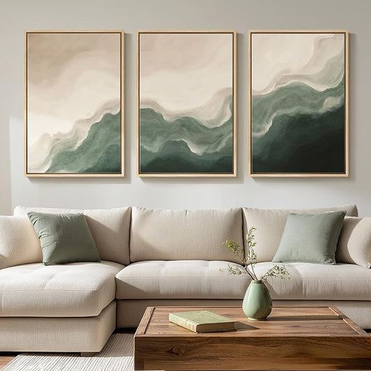 Large Framed Green and Beige Abstract Wall Art Set of 3, Modern Neutral Canvas Prints Paintings Artwork for Walls, Minimalist Abstract Pictures for Living Room Dining Room Bedroom Wall Decor 20x30 In