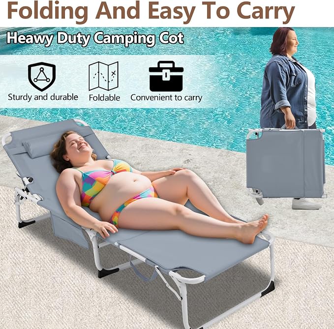 3-in-1 Heavy Duty Tanning Chair with Face Hole Adjustable 5-Position Folding Chaise Lounge Chairs Portable Lay Flat Beach Lounge Chair for Outdoor Sunbathing Patio Pool Lawn Camping Deck (Gray)