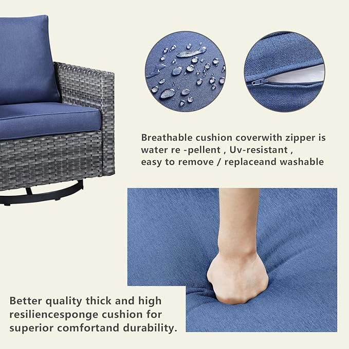 Rilyson Wicker Outdoor Patio Furniture Set - 5 Piece Patio Conversation Set with 2 Swivel Rocker Chairs,2 Rattan Ottoman and 1 Metal Side Table for Outside Porch Deck Backyard Garden(Mixed Grey/Blue)
