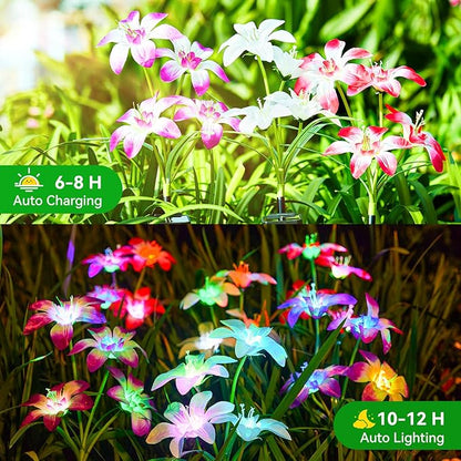 WdtPro Solar Lights Outdoor Waterproof Clearance, 8 Pack RGB Solar Garden Lights with 32 Enlarged Blooming Lily Flowers, 7 Color Changing Solar Lights for Outside Yard, Patio, Decor, Gifts