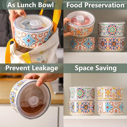Ceramic Bowl with Lid, Microwave Safe, Set of 4 | Food Storage Containers for Soup, Meal Prep, Cereal, Salad Leftovers - Picnic, Camping, Office Lunch - 20 oz, B-Pattern