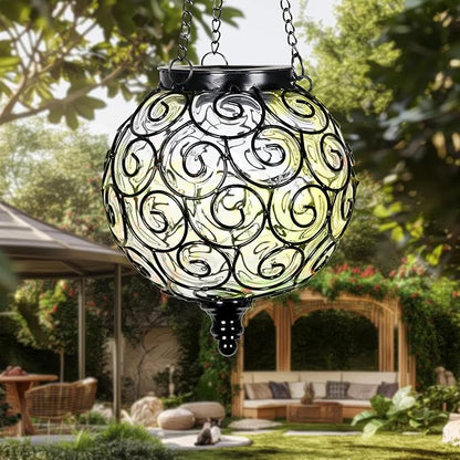 Solar Hanging Lantern Outdoor Garden Lights, Round Glass and Metal Hanging Lantern, 15 Firefly LED Lights, 7 x 20 Inch (Clear)