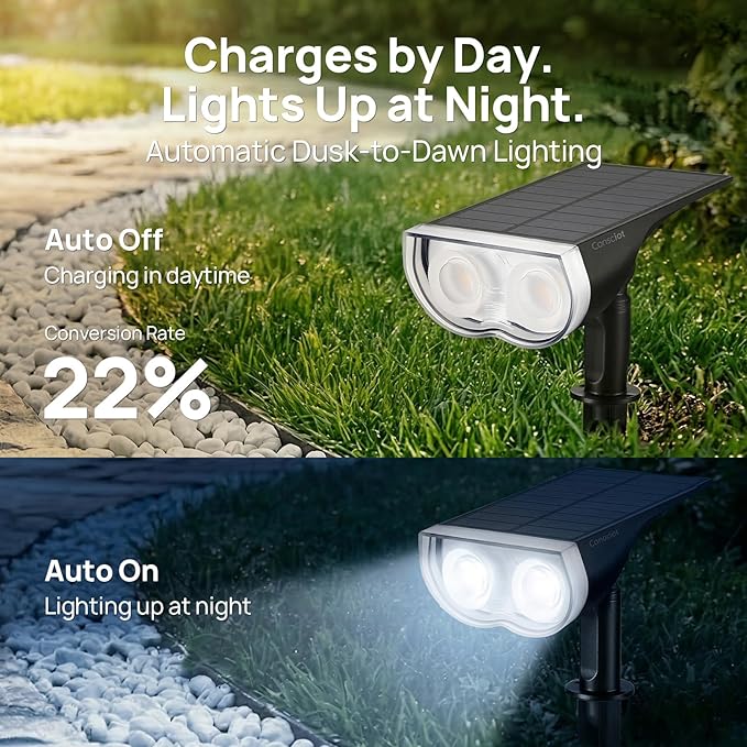Consciot Solar Lights Outdoor Waterproof IP67, 3 Lighting Modes Solar Spot Lights Outdoor, Auto On/Off, 2-in-1 Solar Landscape Light for Yard Garden Landscape Pathway, Cool White 6500K, 6 Pack