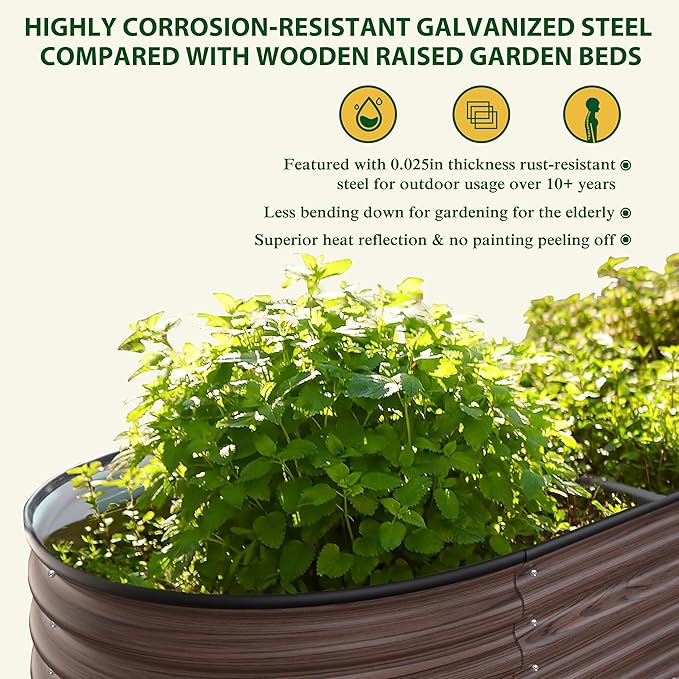 MUPATER Galvanized Raised Garden Bed Outdoor 8x2x2ft, 9-in-1 Metal Raised Planter Box W/ 2 Aluminum Support Rods, Oval Outdoor Raised Garden Bed for Vegetable, Flower, Backyard and Patio, Rustic