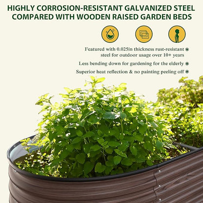 MUPATER Galvanized Raised Garden Bed Outdoor 8x2x2ft, 9-in-1 Metal Raised Planter Box W/ 2 Aluminum Support Rods, Oval Outdoor Raised Garden Bed for Vegetable, Flower, Backyard and Patio, Rustic