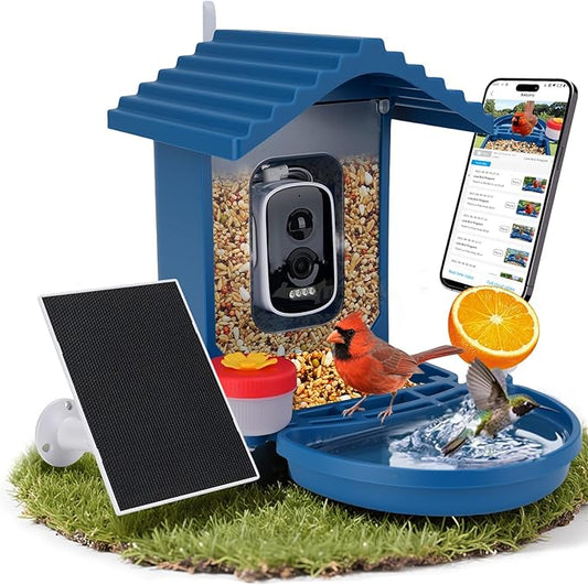 Bird Feeder with Camera Solar Powered,2.5K HD Video Bird House Live View,Smart AI Bird Species Identification for Outside Garden,Birds Bath,Ideal Gift for Birds Lover,Hummingbird (Blue)