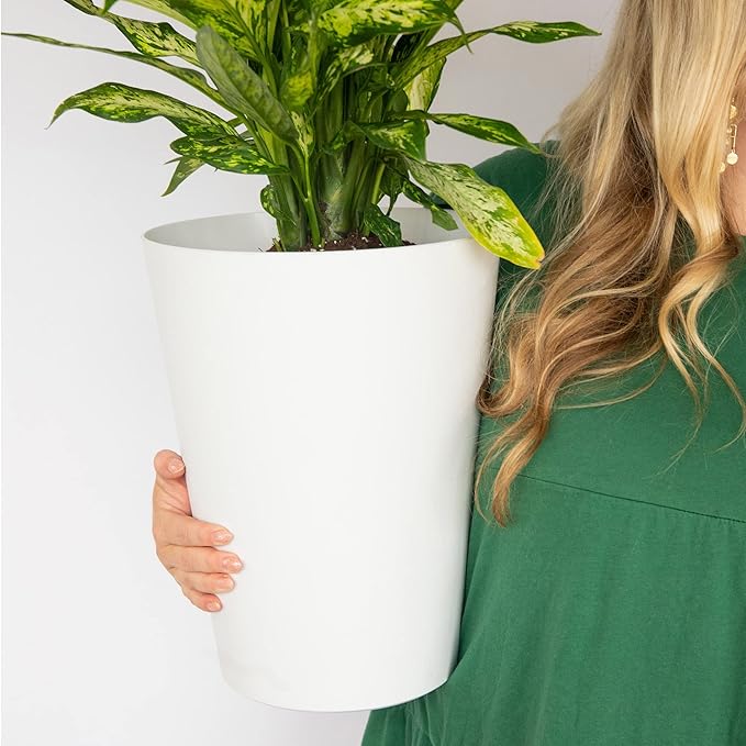 Bloem Tall Finley Tapered Round Planter: 14" - Casper White - Matte Textured Finish, 100% Recycled Plastic Pot, for Indoor and Outdoor Use, Gardening, 4 Gallon Capacity