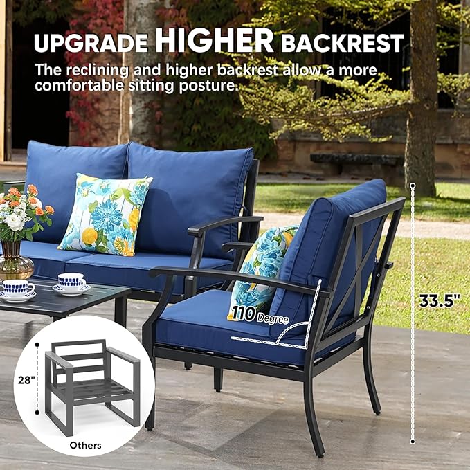 4 Pieces Patio Furniture Set w/loveseat,Coffe Table,Outdoor Conversation Metal Sofa with High Back and Thick Cushion,for Backyard,Garden,Navy