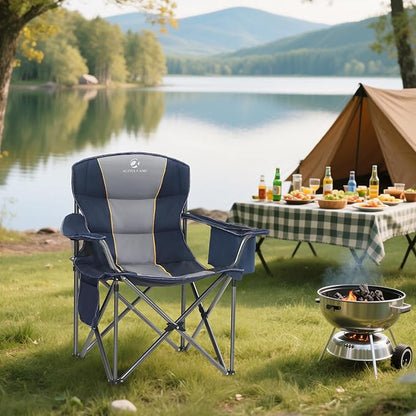 ALPHA CAMP Heavy Duty Camping Chair 500LBS Capacity, Oversized Folding Chair for Heavy People, Padded Portable Outdoor Chair with Cooler Bag & Cup Holder for Camping, Fishing, Beach