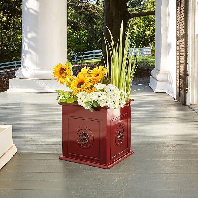 Southern Patio Colony 16 Inch Square Resin Ceramic Indoor Outdoor Garden Box Planter Pot for Flowers, Herbs, Vegetables, and Plants, Oxblood Red