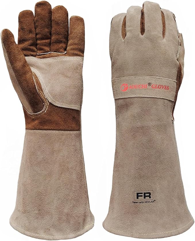 Stick Welding Gloves for Men, Heavy Duty Gardening Gloves for Yard Work, Leather Gloves for Barbecue, Cooking, Firefighting, Fireplace, Baking, Pot Holder, Thorn Proof, XL
