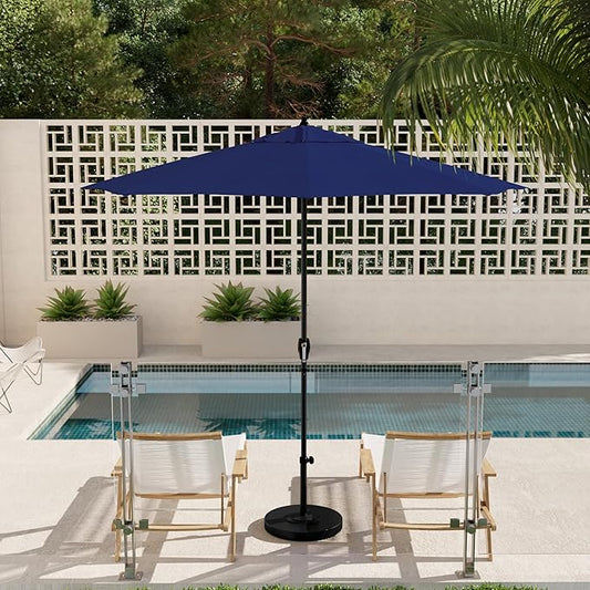 California Umbrella 9' Rd Aluminum Patio Umbrella, Crank Lift, Auto Tilt, Black Finish, Sunbrella True Blue